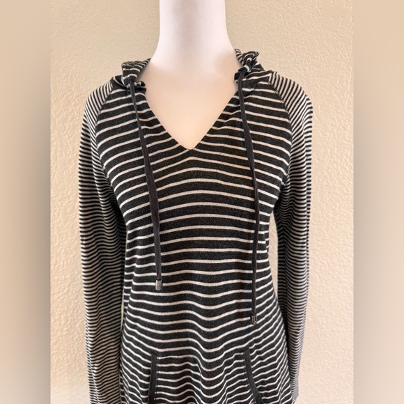 James Perse Grey Striped Hooded Pullover Hi-Low Hem & Kangaroo Pocket - Size S - Picture 3 of 14
